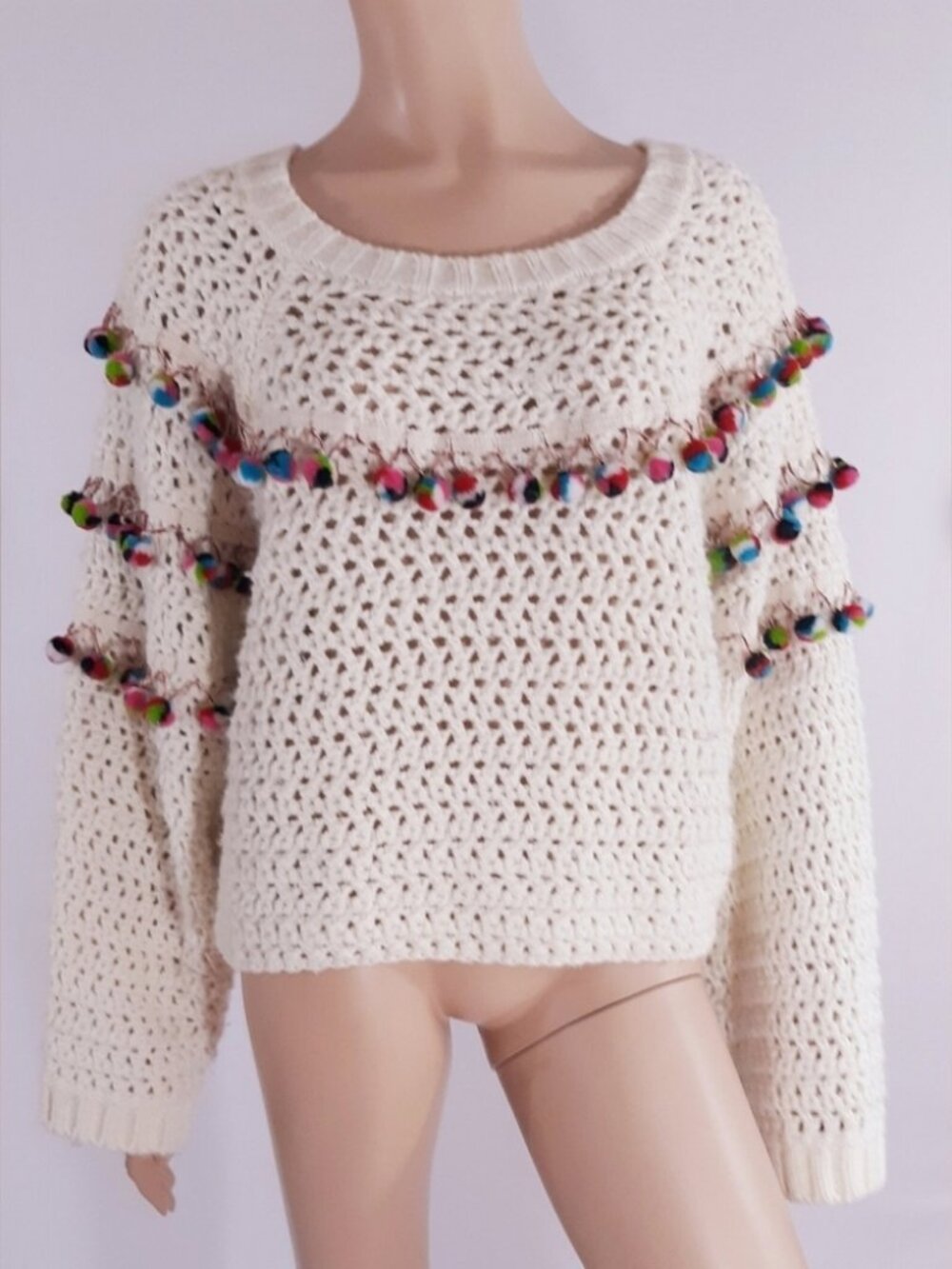 Zara Boho Pom Pom Oversized Sweater Womens S NWT